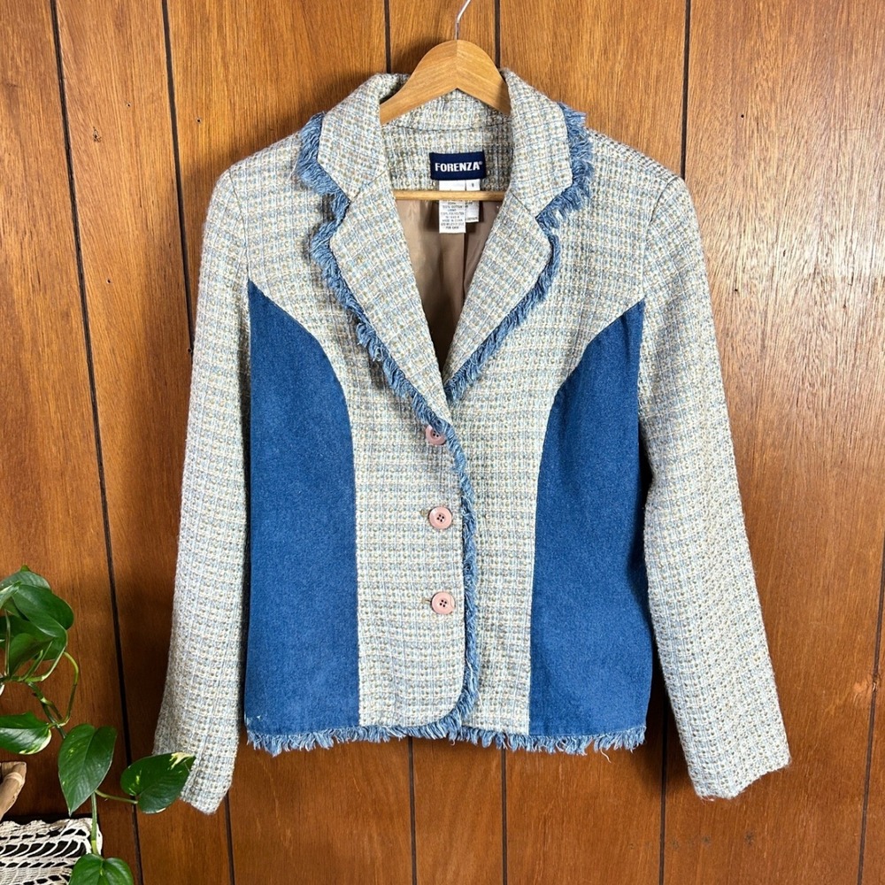 Vintage Forenza Mixed Media Tweed and Denim Fringe Blazer Jacket Blue Tan Size 8